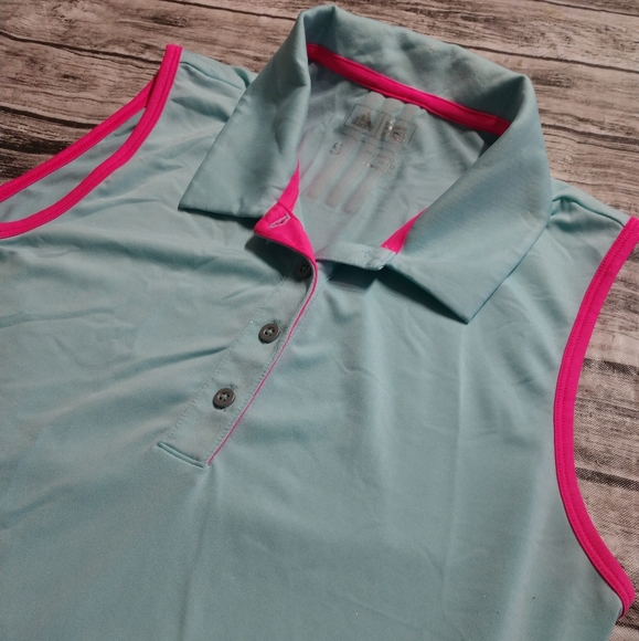 Women's Small Adidas Collared Tank Top Muscle Shirt Blue with Neon Pink Trim, Ex - Picture 8 of 9
